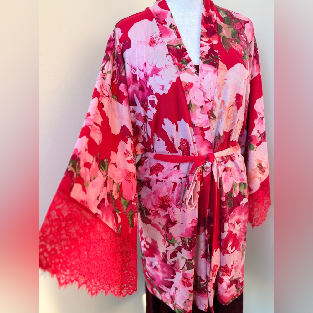Floral Satin Kimono Robe and  dress- Red and Pink